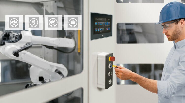 Operator presenting a Pilz PITreader RFID transponder key at a machine