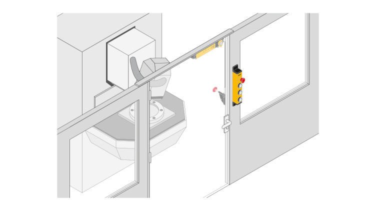 Pilz PITgatebox mounted alongside a PSENmlock safety locking device on a machine guard