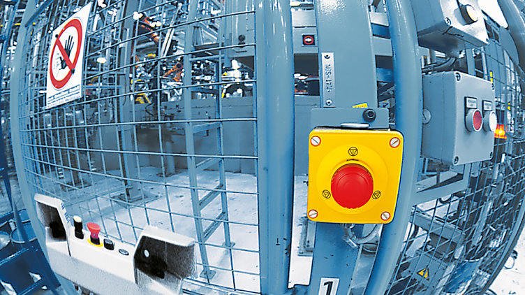 Press and forming machine with emergency stop and guard monitoring devices