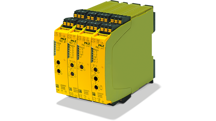 Pilz myPNOZ modular safety relay assembly with head and expansion modules