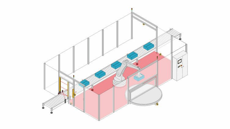 Protection against a person stepping behind a safeguarded area in a robot packaging cell