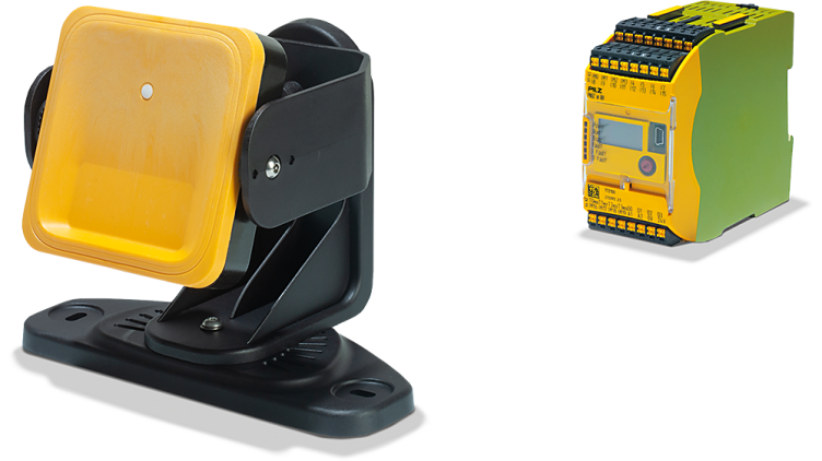 Pilz PSENradar safe radar sensor shown with a PNOZmulti controller