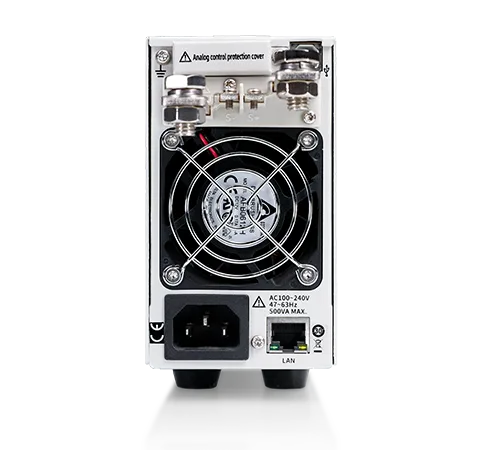 SPS5000X wide-range DC power supply application and rear interface view
