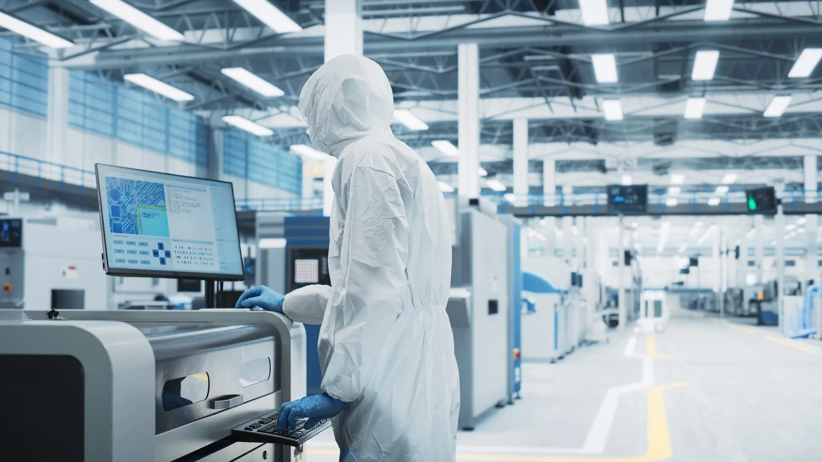 Semiconductor wafer beneath inspection optics inside a contamination-controlled manufacturing environment